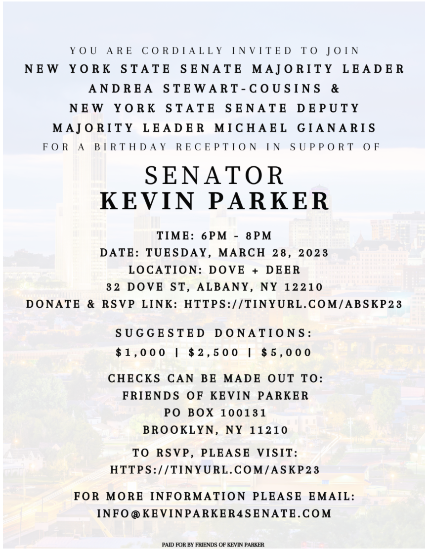 The invitation to Sen. Kevin Parker's birthday reception.